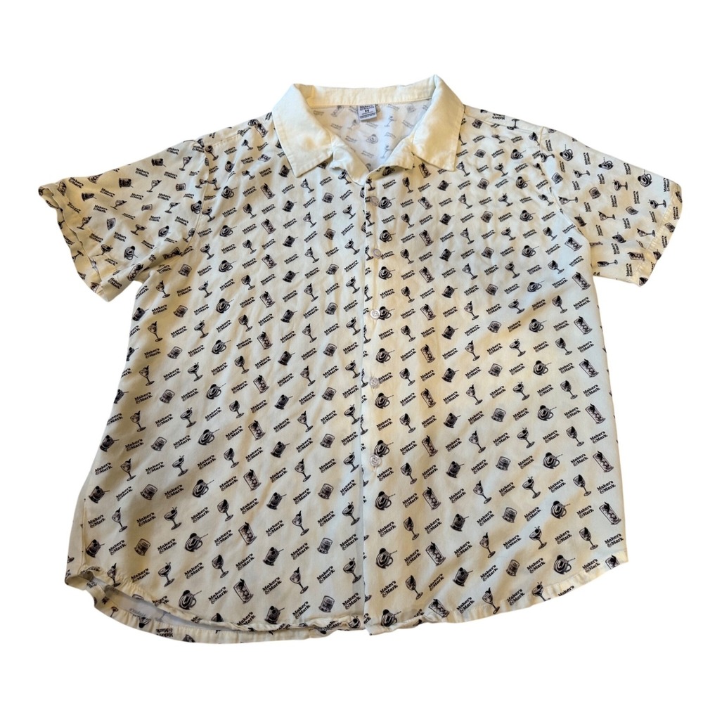 Maker's Mark Button Up Shirt Mens Medium Ivory Allover Cocktail Print Bourbon
